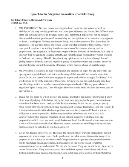 Speech In The Virginia Convention Patrick Henry